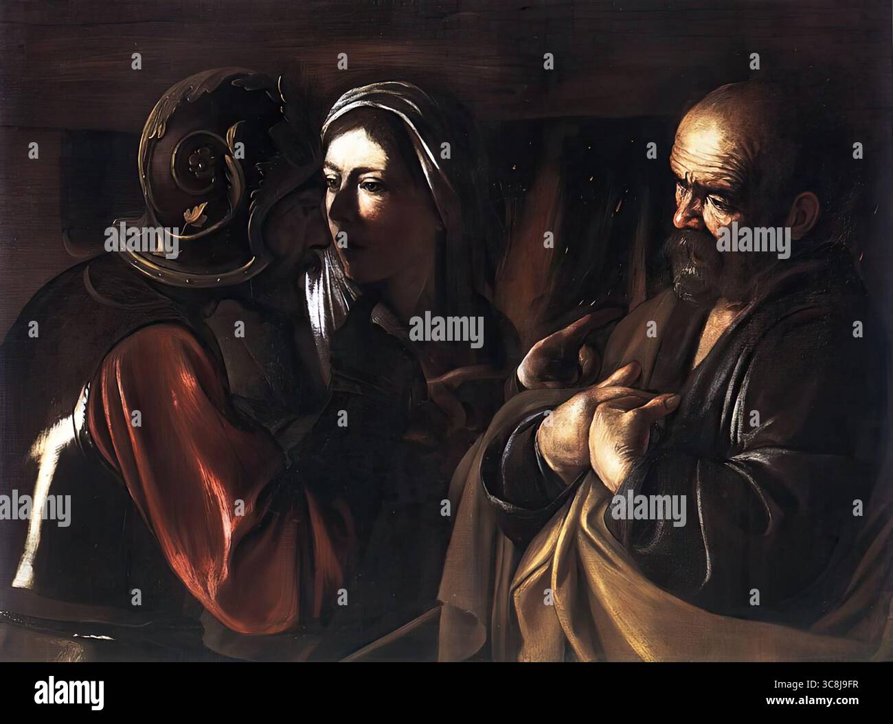 CARAVAGGIO (B. 1573, Caravaggio, d. 1610, Porto Ercole) la negazione di San Pietro 1610 olio su tela, 94 x 125 cm Shickman Gallery, New York dopo i numerosi tentativi dell'artista di intensificare le dinamiche di una scena da destra, questa composizione offre una drammatica sequenza di figure da sinistra. In una notte molto buia con ombre profonde e senza alcuna indicazione di luce artificiale, un soldato che indossa un casco e un'armatura appare da sinistra. Sta girando la faccia così lontano verso la cameriera che viene inghiottita dall'oscurità. La cameriera stessa, il suo volto oscurato dall'ombra del soldato Foto Stock