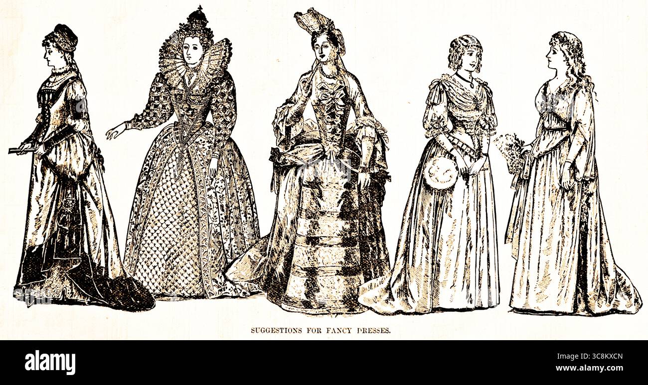 Suggerimenti di abiti eleganti per feste fantastiche, moda, epoca vittoriana, Inghilterra, Gran Bretagna, illustrazione storica 1889 Foto Stock
