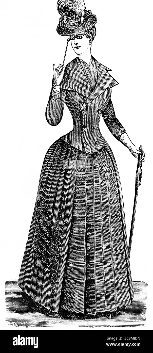 Moda, costume da passeggio in tweed a righe, girovita leggero, cinturino, pieghe dritte, epoca vittoriana, Inghilterra, Gran Bretagna, illustrazione storica 1889 Foto Stock