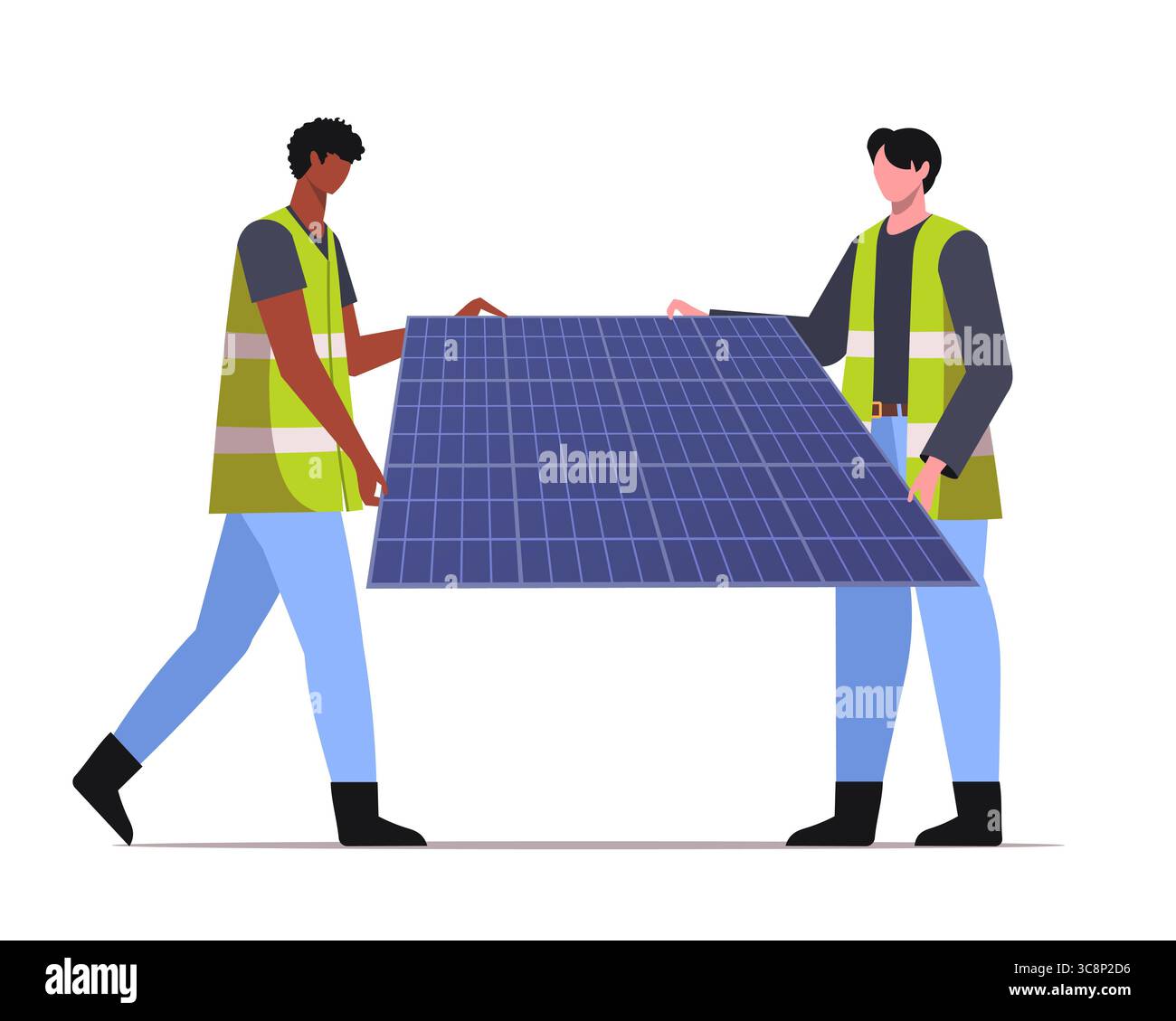 Due tecnici che trasportano insieme un singolo pannello solare. Concetto di energia alternativa e rinnovabile. Vettore non generato ai Foto Stock