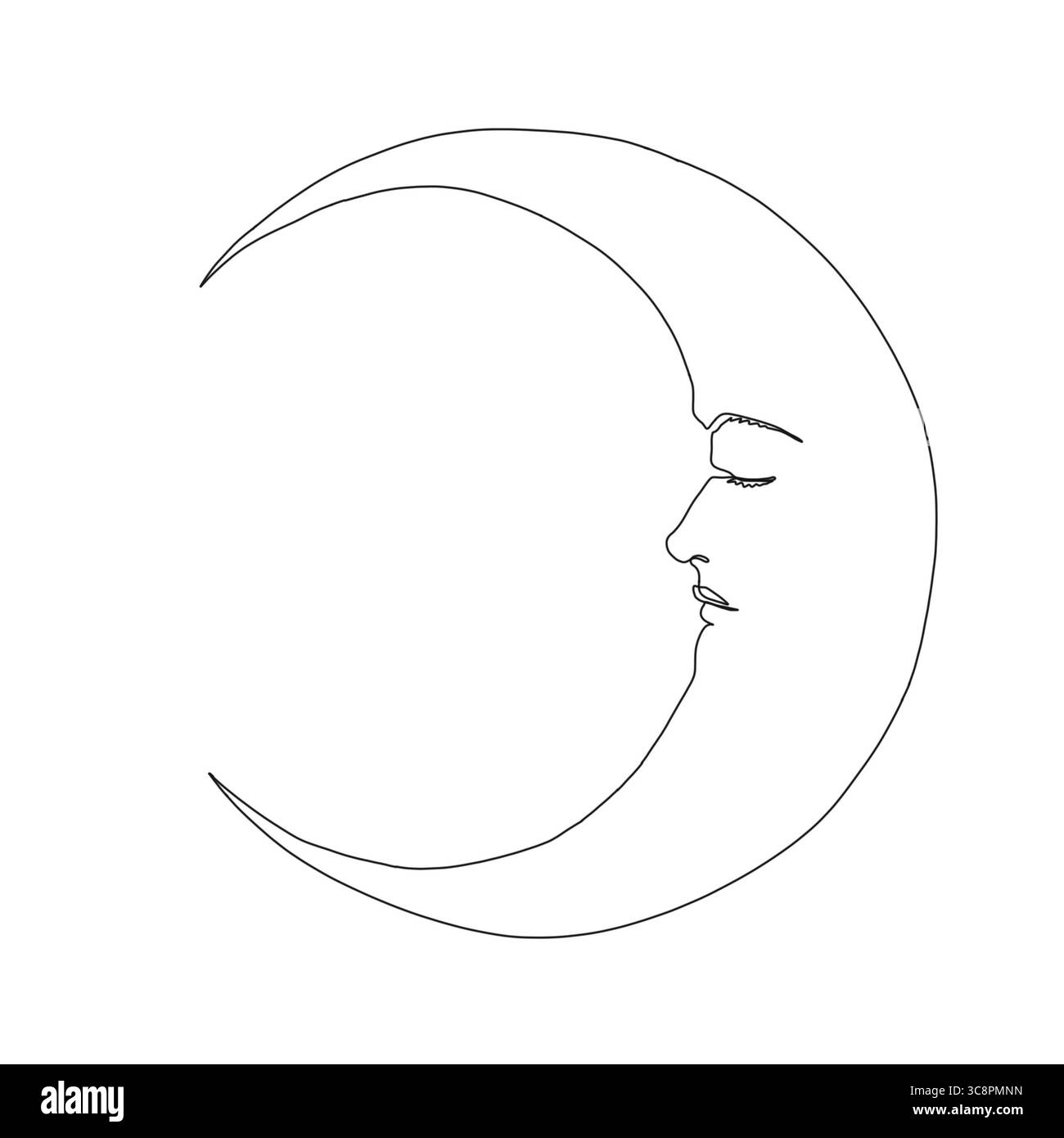 Una linea di illustrazione della luna, disegno celeste minimalista con un'atmosfera spirituale e simbolica. Foto Stock