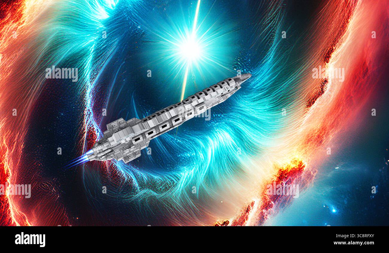 Un vettore merci vola vicino a un'enorme nebulosa colorata nello spazio. Foto Stock