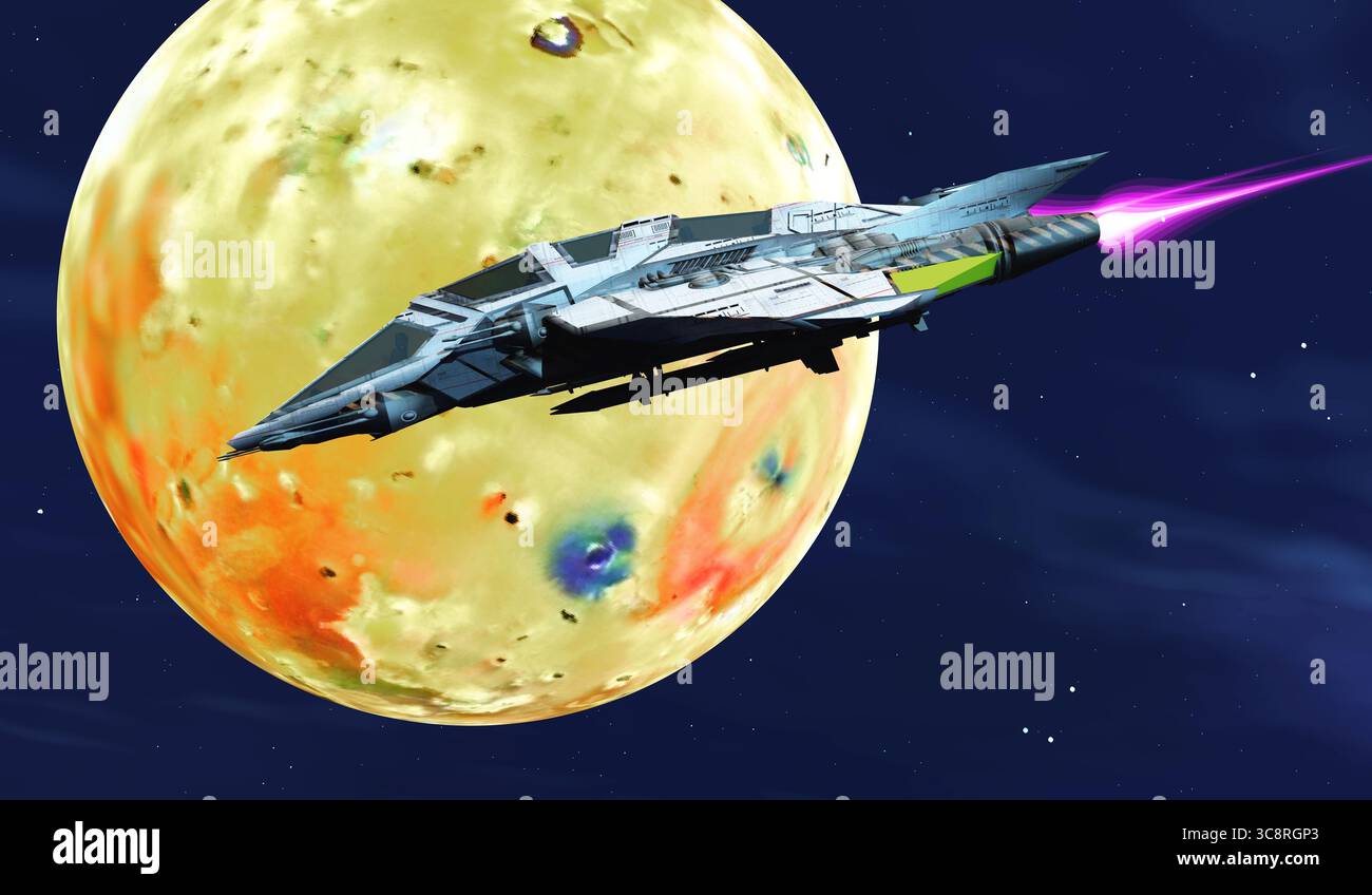 Una navicella spaziale vola vicino alla Luna di Giove io, che ha un colorato paesaggio vulcanico. Foto Stock