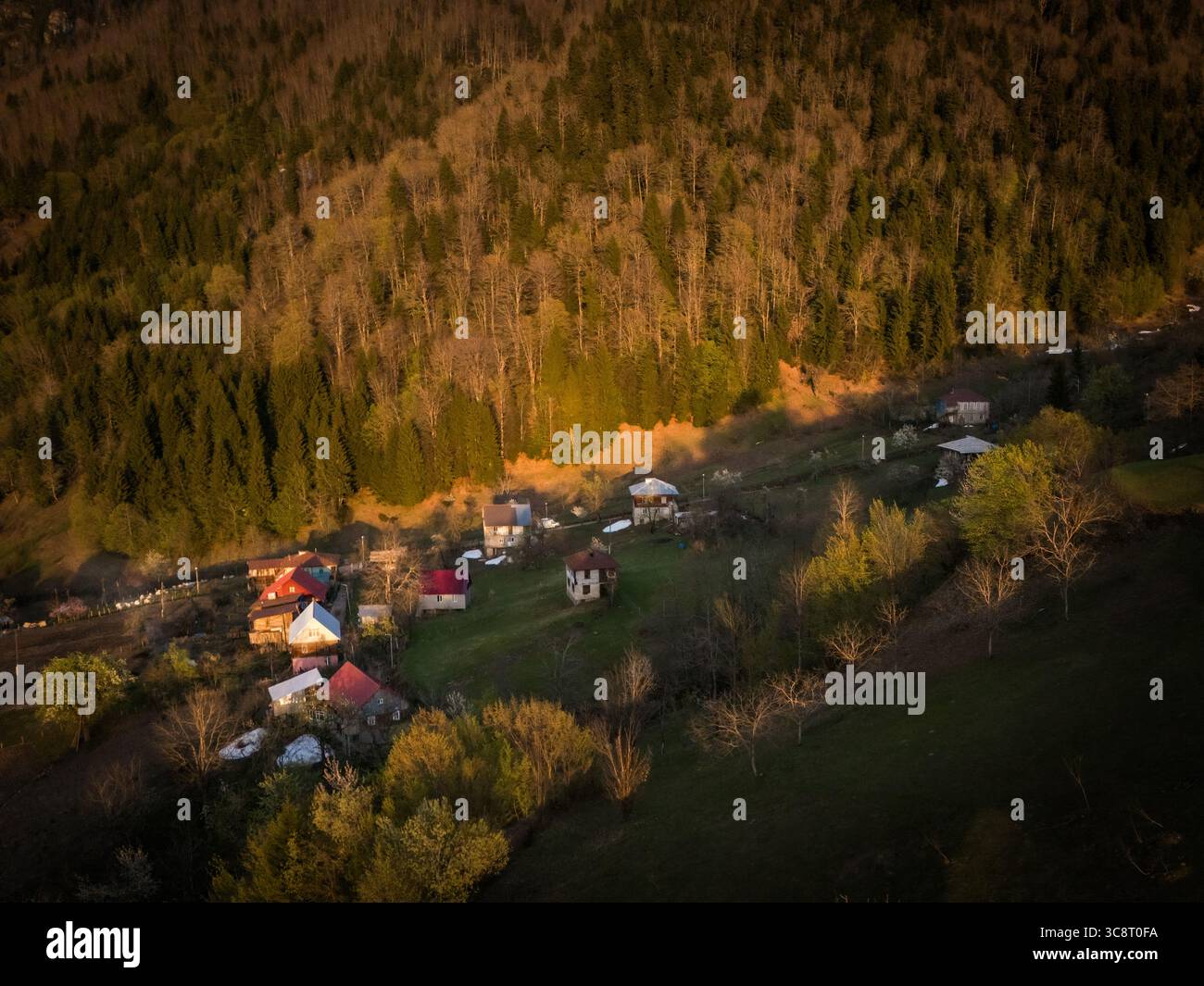 Vista aerea del villaggio annidato nella valle, dove il caldo bagliore del tramonto bacia i tetti e contrasta con le profonde ombre della foresta, Tago, Adjara, Georgia. Foto Stock