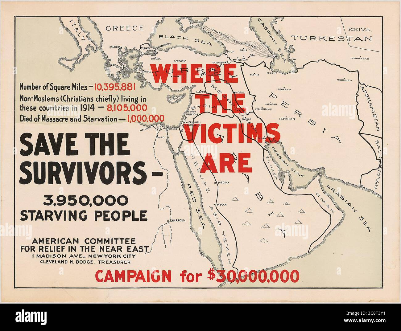 Poster storico d'epoca intitolato Save the Survivors di Ethel Franklin Betts, creato nel 1918 per l'American Committee for Relief in the Near East. Il progetto basato sulla mappa evidenzia le regioni colpite dai genocidi armeni e siriani, sollecitando il sostegno a 3,95 milioni di persone affamate con una campagna di raccolta fondi da 30 milioni di dollari. Foto Stock