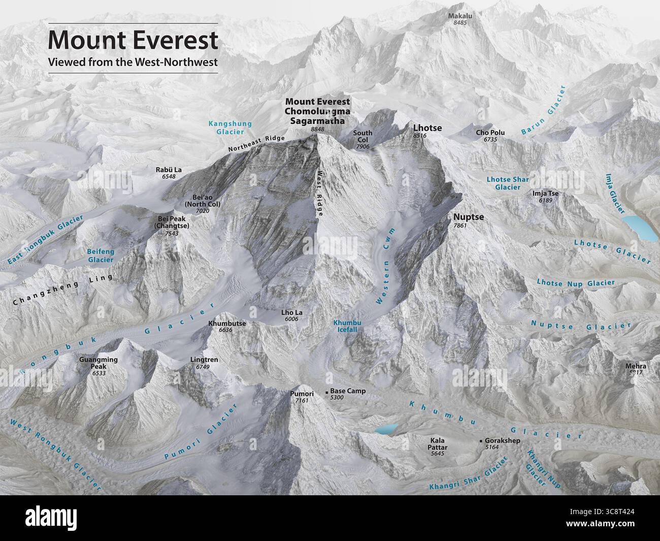 Mappa topografica 3D del Monte Everest vista da ovest-nord-ovest, creata da Tom Patterson utilizzando i dati del National Snow and Ice Data Center e Landsat 8. La mappa mostra i picchi circostanti, i ghiacciai e le caratteristiche geografiche nelle annotazioni inglesi. Foto Stock