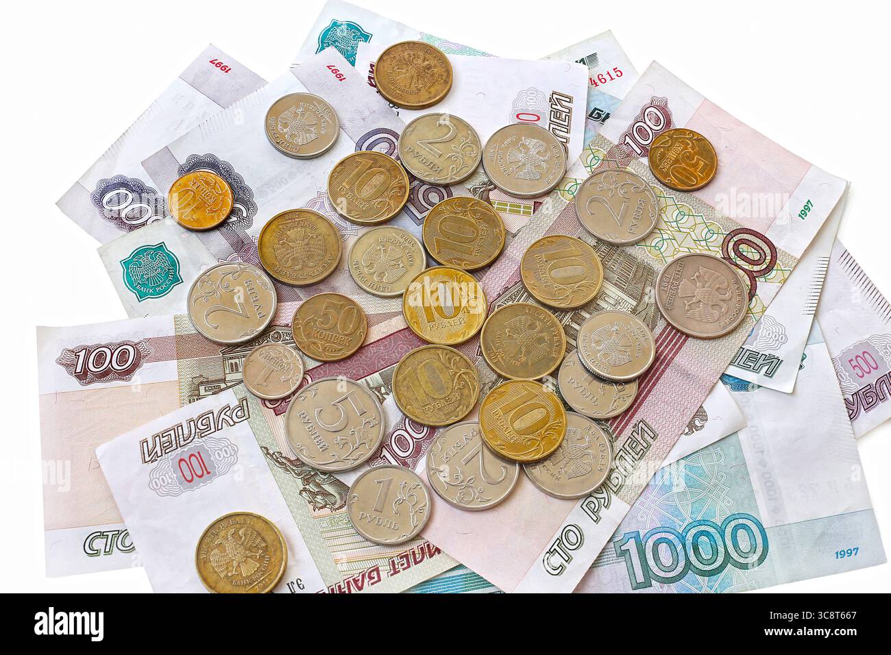 Soldi russi isolati su sfondo bianco Foto Stock