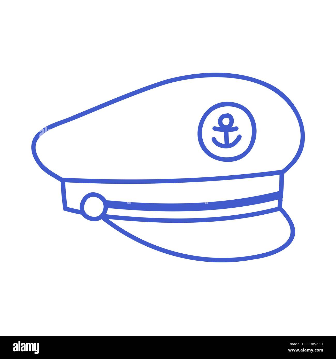 Cappello Capitano con emblema di ancoraggio in stile artistico con linea blu. Icona marina disegnata a mano. Illustrare l'illustrazione isolata del vettore. Illustrazione Vettoriale