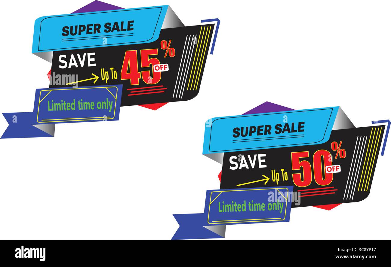 Etichetta vettoriale a nastro blu super-vendita con risparmio fino al 50% di testo per il marketing online Illustrazione Vettoriale