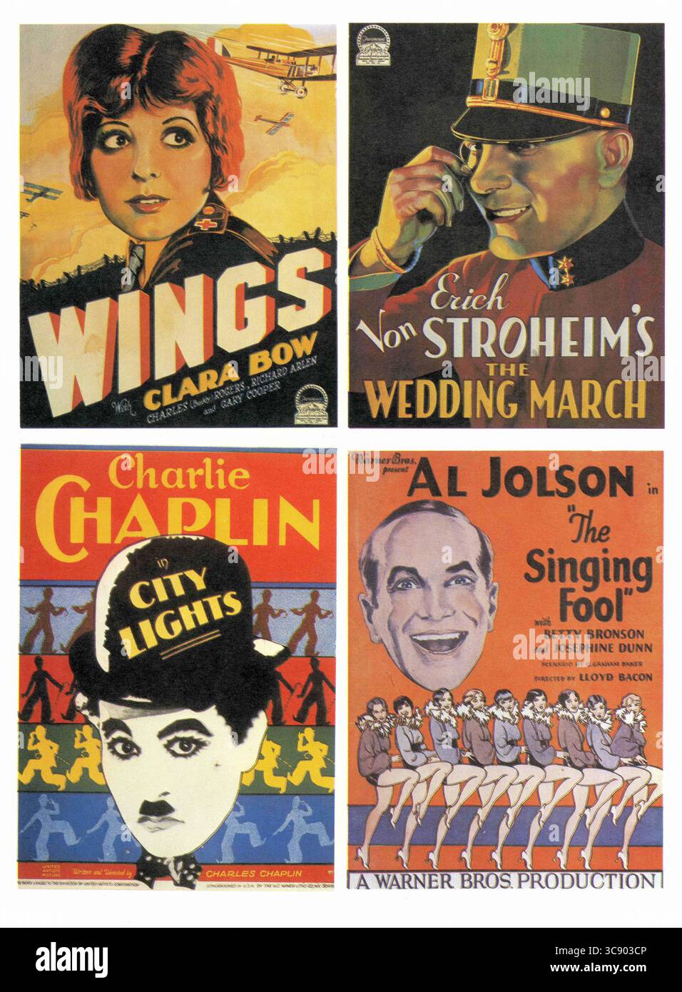 19 aprile 2020, Stati Uniti: Montaggio di poster cinematografici con (in senso orario): Clara Bow, ''ali'', Paramount Pictures, 1927; Erich von Stroheim, ''The Wedding March'', Paramount Pictures, 1928; al Jolson, ''The Singing Fool'', Warner Bros., 1928; Charlie Chaplin, ''City Lights'', United Artists, 1931 (immagine di credito: © JT Vintage/Glasshouse via ZUMA Wire) Foto Stock