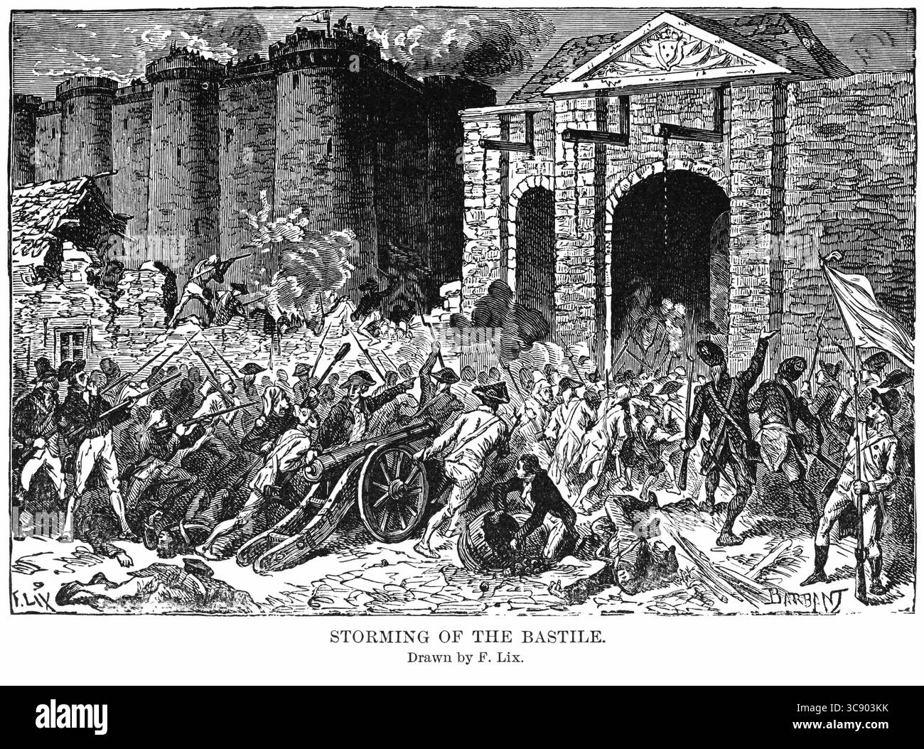 6 maggio 2020: Storming of the Bastile (Bastille), Illustration, Ridpath's History of the World, volume III, di John Clark Ridpath, LL. D., Merrill & Baker Publishers, New York, 1897 (immagine di credito: © JT Vintage/Glasshouse via ZUMA Wire) Foto Stock