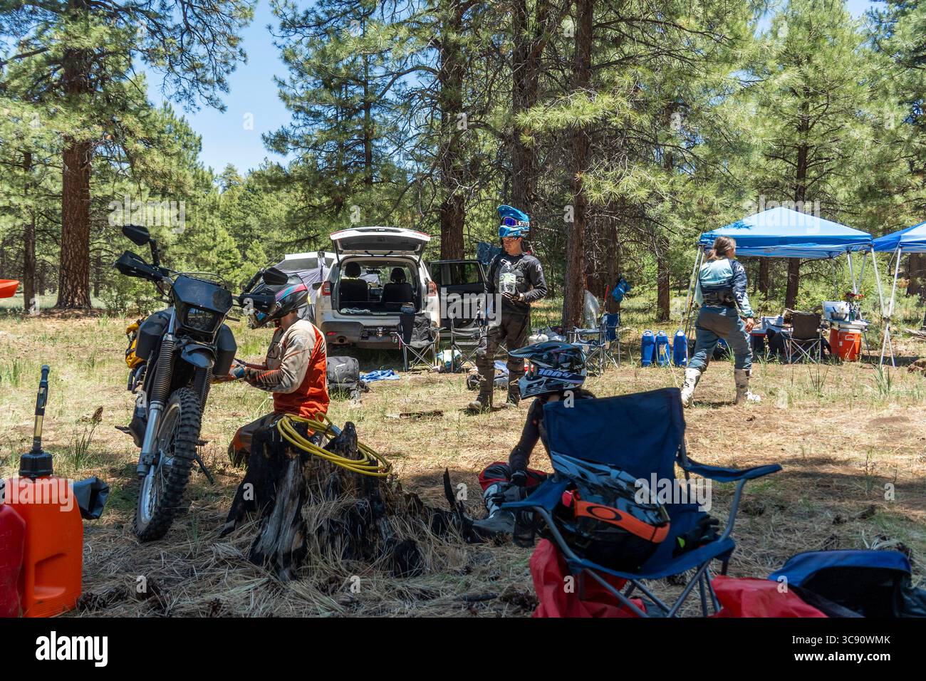 Un gruppo diversificato di persone è seduto insieme intorno a una motocicletta in uno spazioso campo verde, godendosi il tempo libero all'aperto Foto Stock