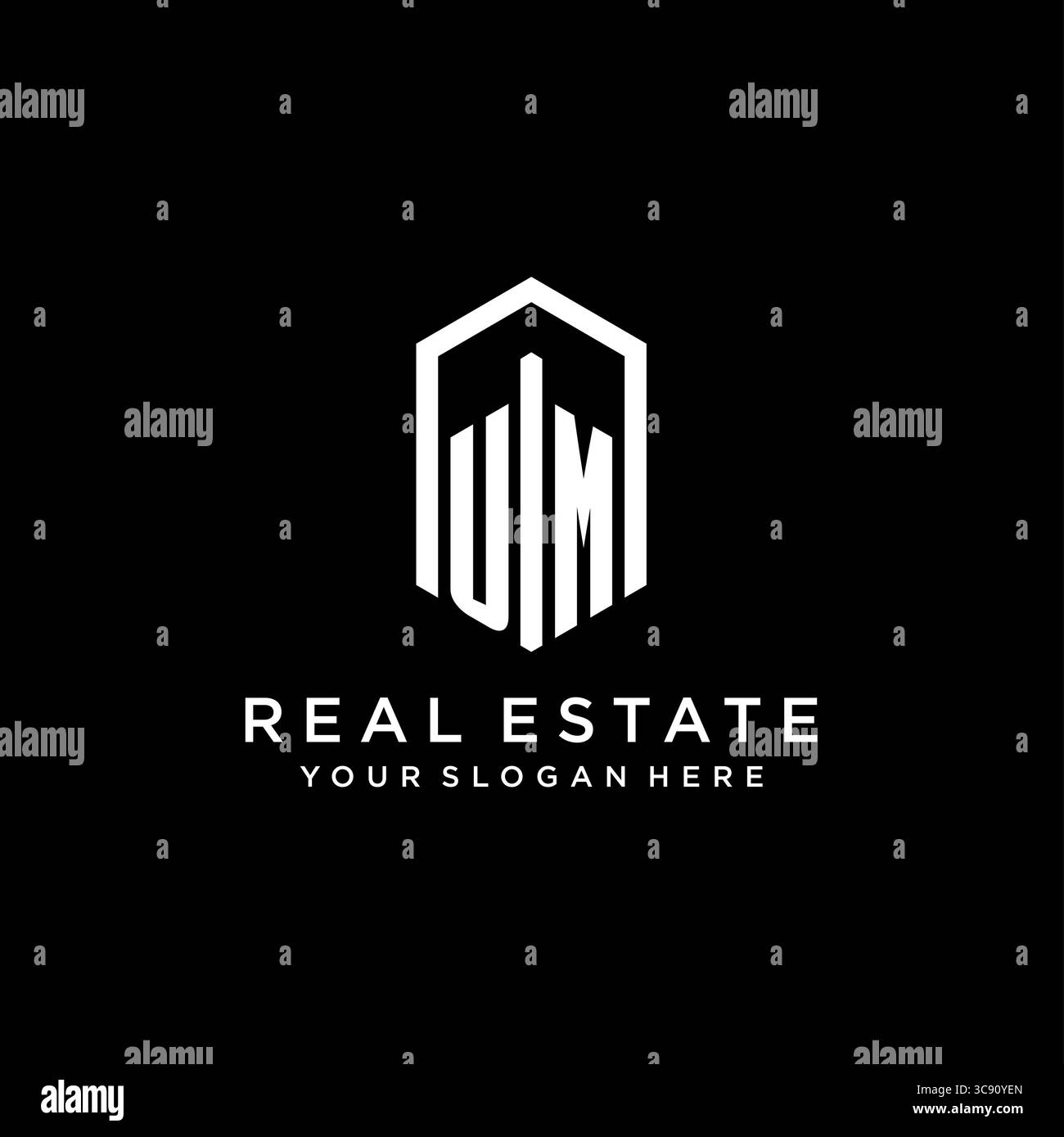 Logo LETTER UM per il settore immobiliare con grafica vettoriale con icona esagonale Illustrazione Vettoriale