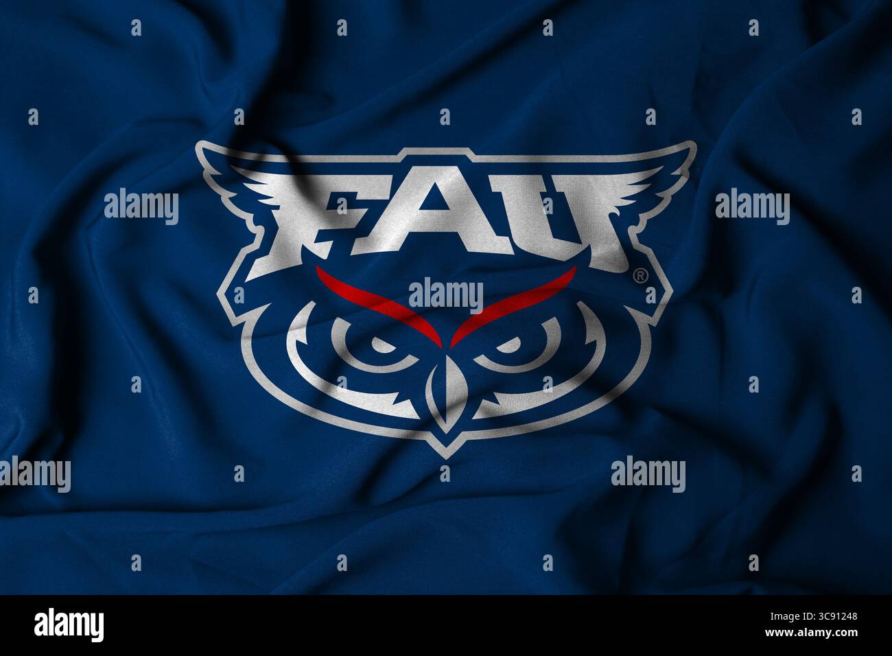 Pringsewu, Lampung; 6 agosto 2025; il logo della squadra di football americano Florida Atlantic Owls con tessuto ondulato testurizzato Foto Stock