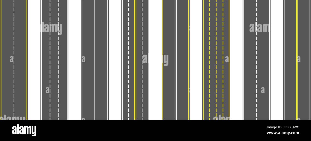 Set segnaletica orizzontale per la vista dall'alto. Linee autostradali e piste da corsa. Pacchetto stradale senza interruzioni. Asfalto pavimentato urbano o urbano ripetuto patten. Fascio di strisce guida su carreggiata verticale. Vettore Illustrazione Vettoriale