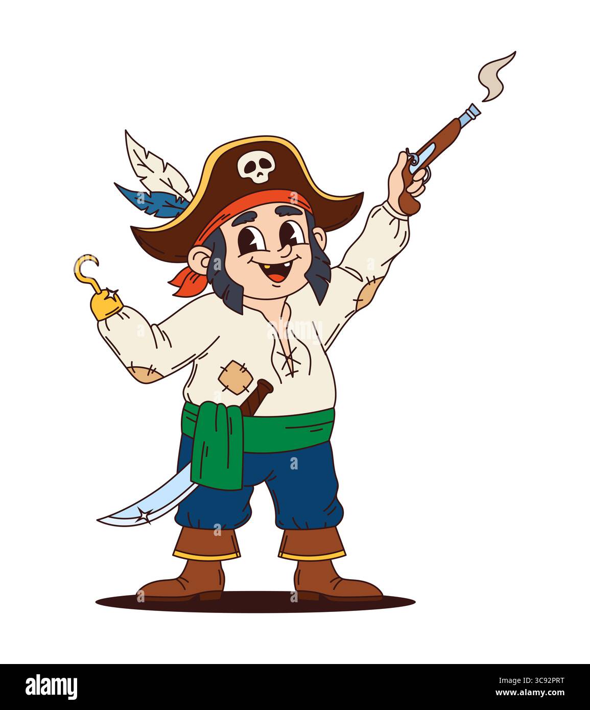 Il personaggio dei pirati dei cartoni animati e del marinaio corsaro con un cappello teschio, una mano a gancio e una pistola posa gioiosamente. Vector Groovy allegro e avventuroso personaggio senza denti indossa una camicia e una spada al suo fianco Illustrazione Vettoriale