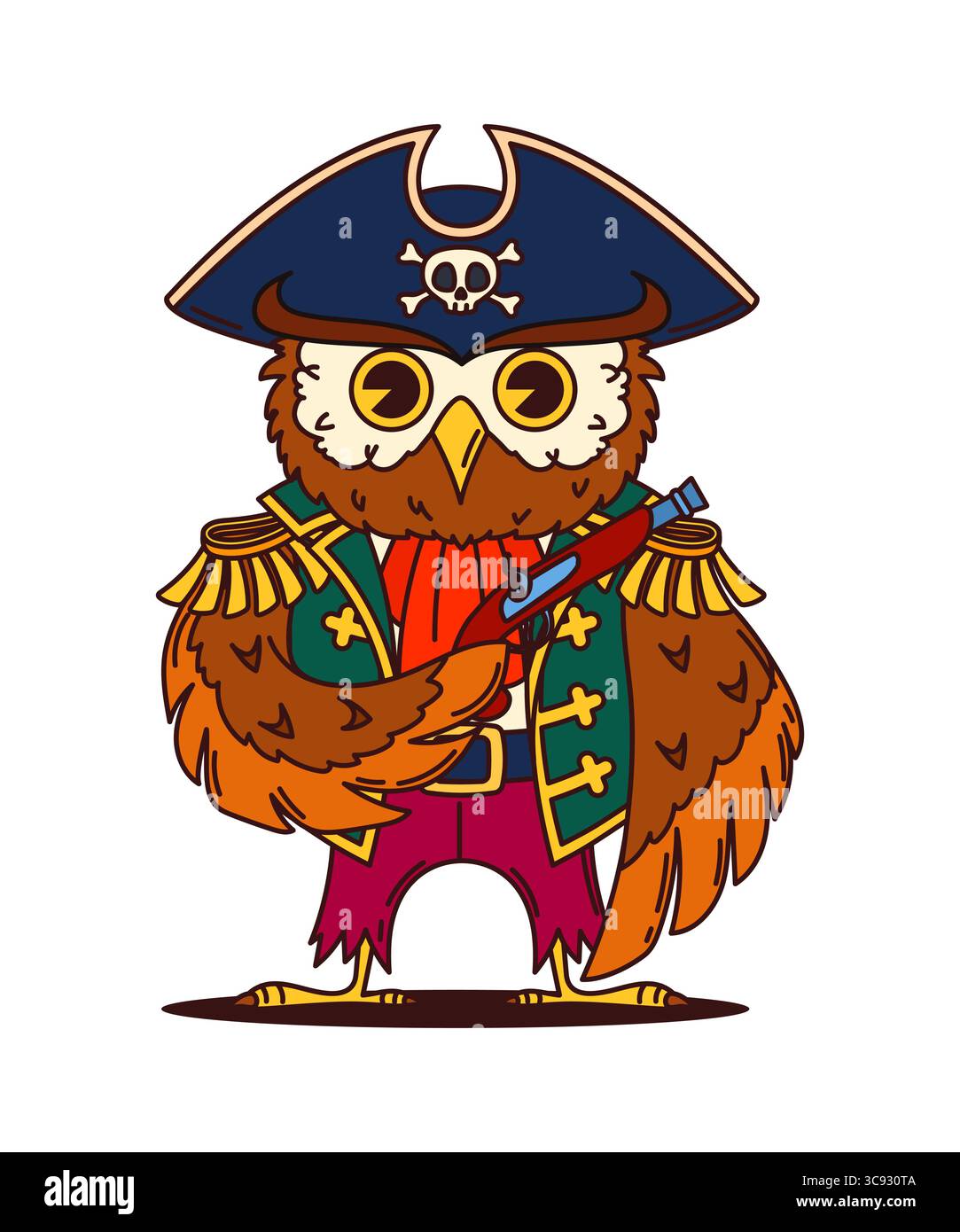 Gufo dei cartoni animati pirata animale e capitano corsaro personaggio dell'equipaggio della nave che indossa il cappotto della marina, cappello tricorn e tiene in mano una pistola. Vector owlet bird avventuroso personaggio swashbuckler, pronto per avventure marittime Illustrazione Vettoriale