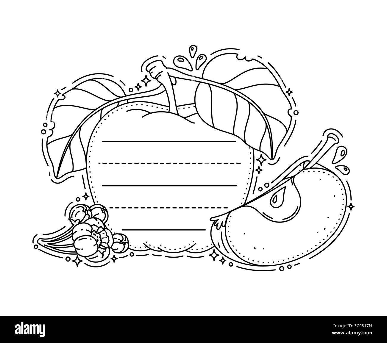 Cornice per appunti per bambini sulla frutta di mele matura. Pianificatore per bambini, elenco delle attività da fare o cornice per appunti, pagina di album. Etichetta o etichetta con foglia di frutta di mela e fiore Illustrazione Vettoriale
