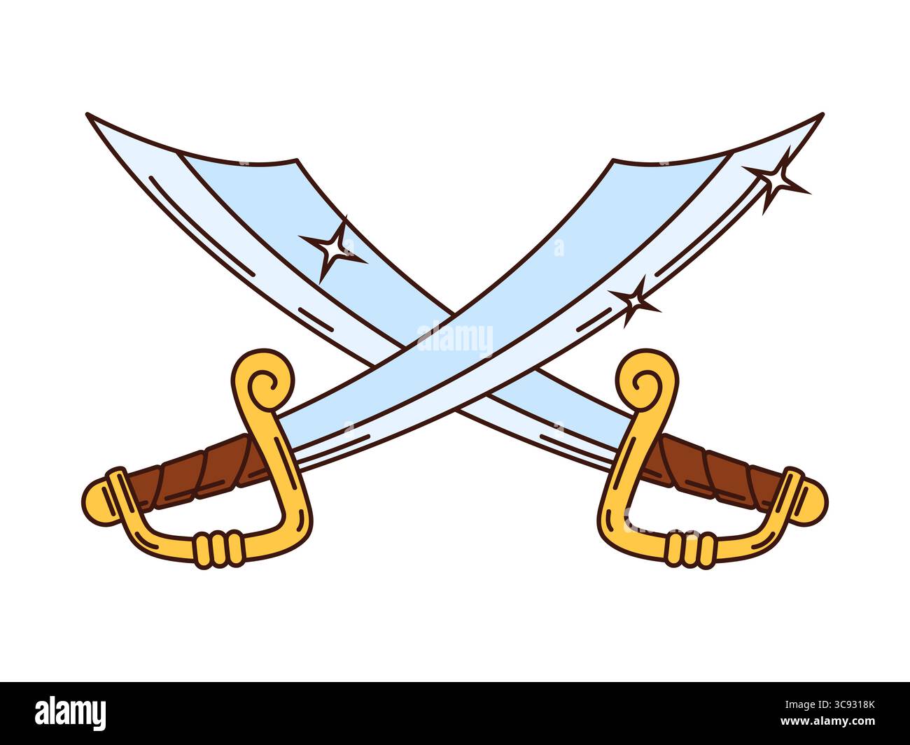 Cartoni animati si incrociano due luccicanti pirati e sciabole corsaro. Spade vettoriali, simbolo di lotta e pirateria. Scimmie incrociate con lame ricurve e frecce dorate che evocano avventura e spirito di battaglia Illustrazione Vettoriale