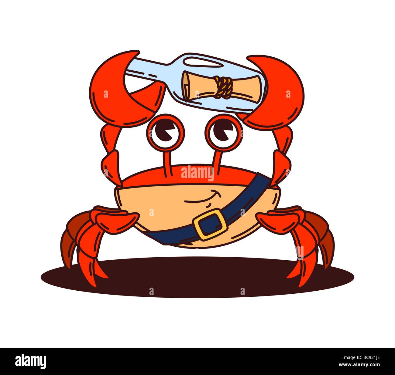 Cartoni animati granchio animale pirata e personaggio dell'equipaggio della nave corsara con un messaggio o una mappa in bottiglia. Vettoriale isolato divertente personaggio di crostacei filibustieri pronto per avventure e gioviale caccia al tesoro sul mare Illustrazione Vettoriale