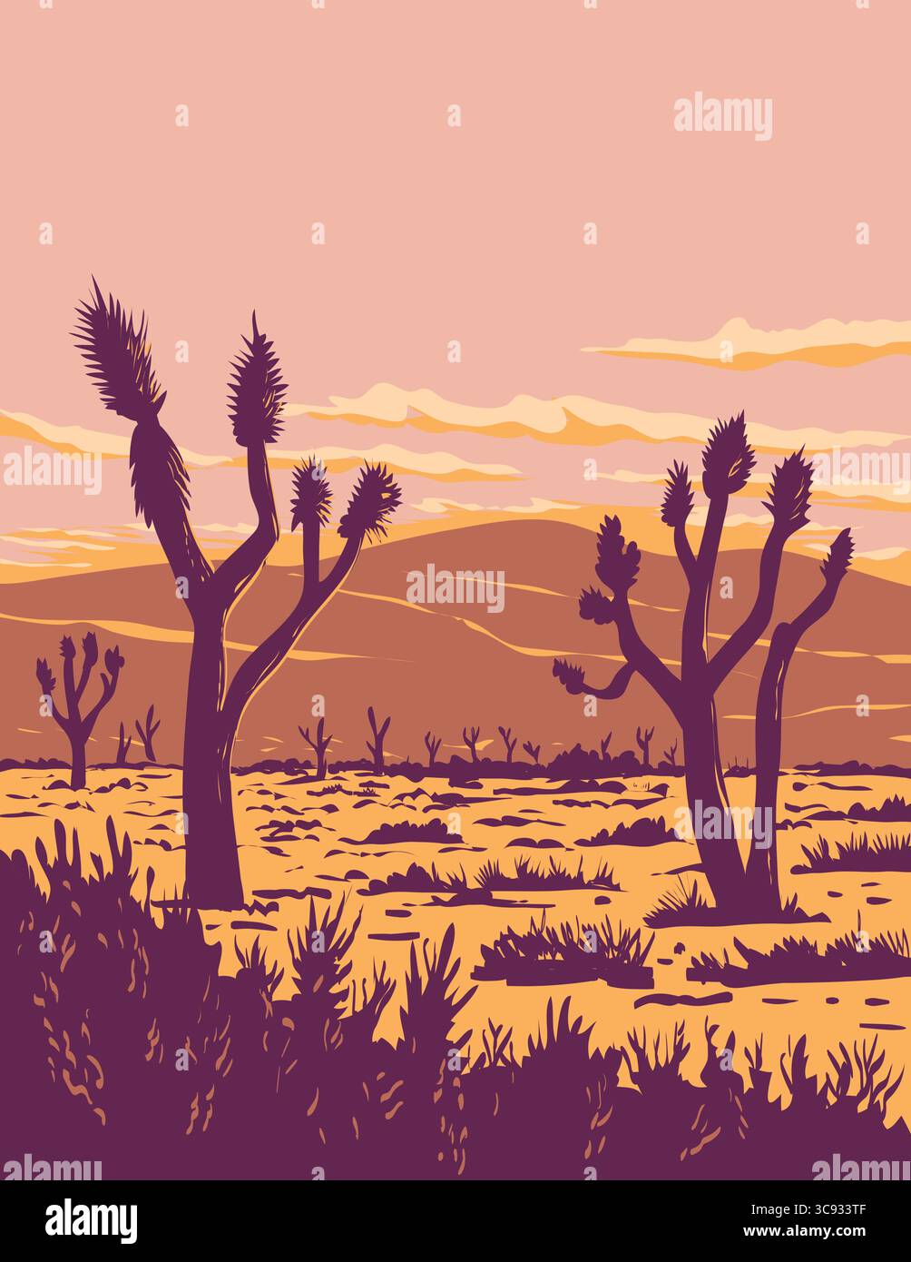 Poster art WPA di un Joshua Tree nel bordo occidentale del deserto del Mojave nella Antelope Valley vicino a Palmdale, California USA, realizzato in Works Project Illustrazione Vettoriale