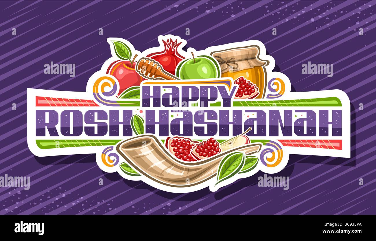 Logo vettoriale per Rosh Hashanah, badge decorativo in carta tagliata con simboli hashanah con disegno a fumetti - pappagallo al miele e pezzi di frutta dolce, striscione con disordine Illustrazione Vettoriale
