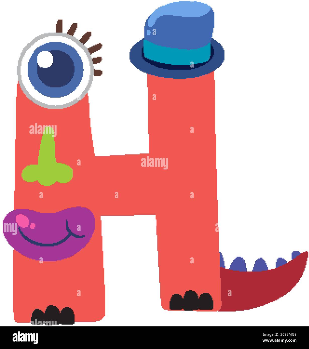 Illustrazione vettoriale colorata di un mostro stravagante a forma di lettera H, caratterizzato da colori vivaci ed elementi di design divertenti Illustrazione Vettoriale