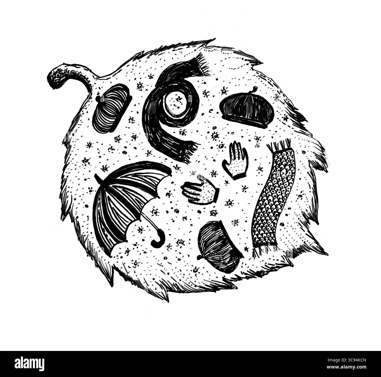 La foglia autunnale è piena di accessori per abbigliamento. Berretti, sciarpe, ombrello, guanti. Punti ed elementi decorativi intorno. Colori nero e grigio. Doodle. Isolato su sfondo bianco. Foto Stock