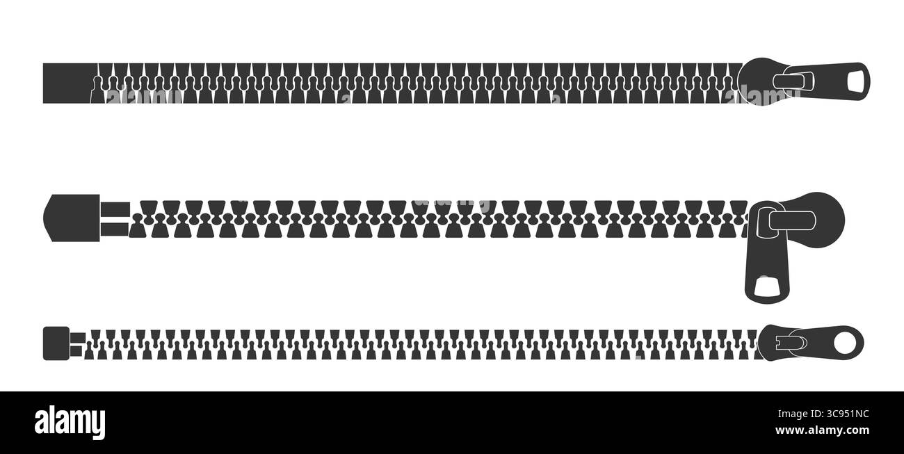 Silhouette con cerniera, blocco o sblocco con cerniera. Elemento di fissaggio scorrevole con estrattore. Cerniera aperta in tela. Collezione abbigliamento accessori disegno semplice. Illustrazione vettoriale Illustrazione Vettoriale