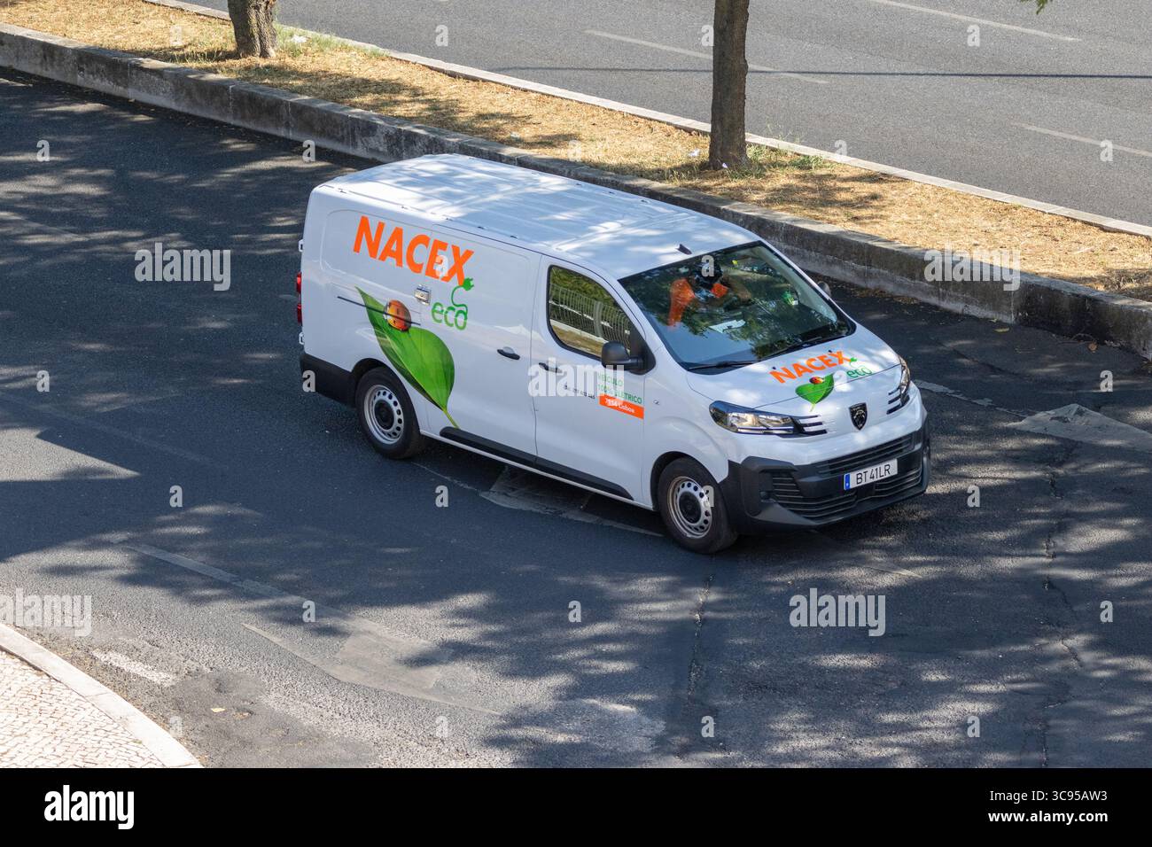 Furgone renault nacex eco bianco che guida su strada asfaltata in ambiente urbano, vista aerea Foto Stock