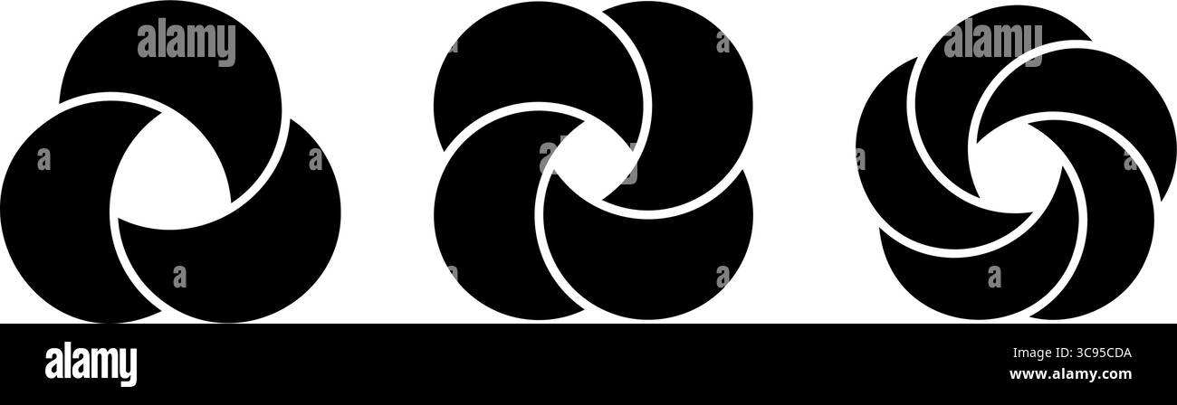 Set di icone infografiche del diagramma Circle Venn. Grafico. Diagramma del cerchio di bilanciamento di tre, quattro e cinque. Sovrapponi elemento di disegno. Grafico dei processi aziendali Illustrazione Vettoriale