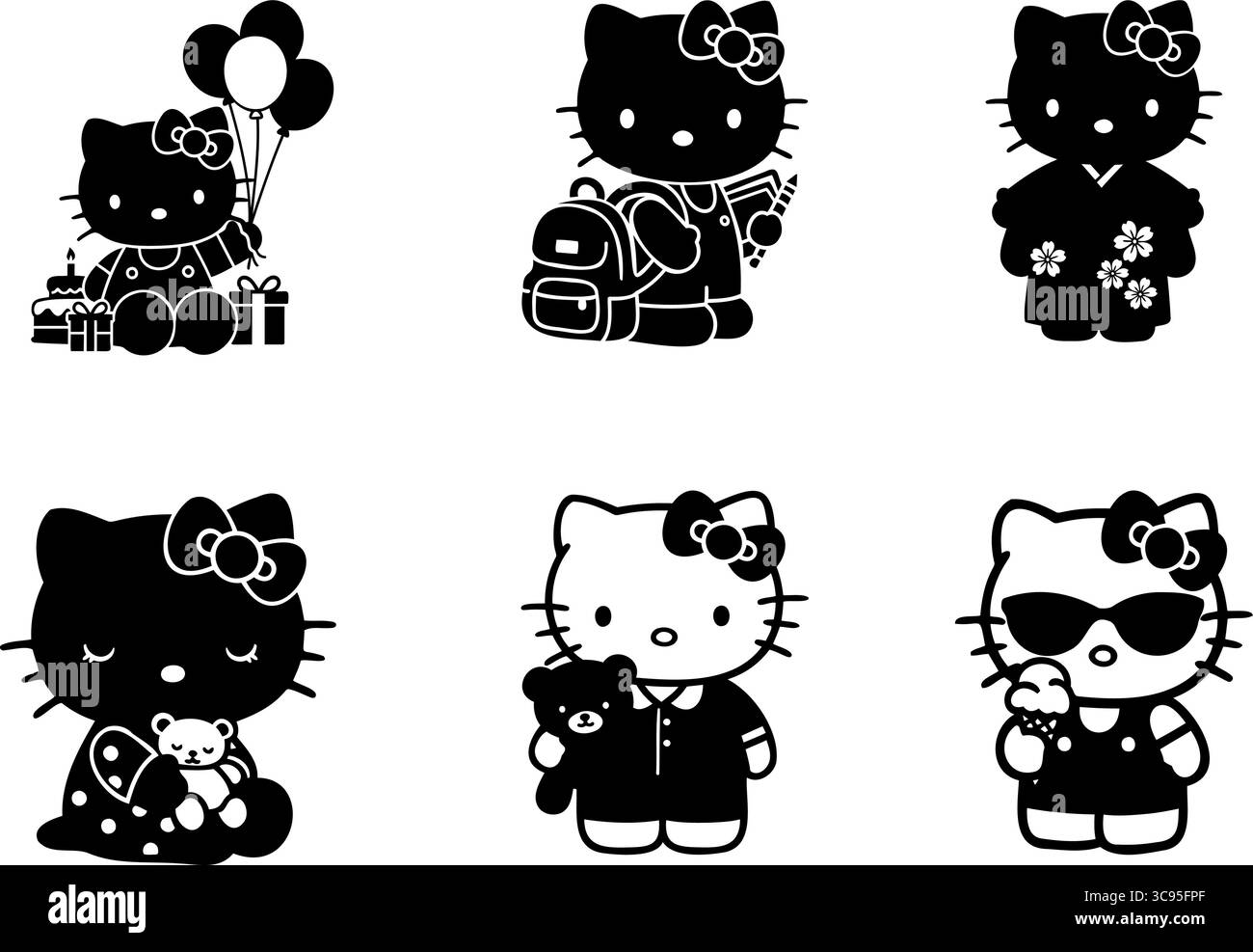 Set di silhouette Hello Kitty – carino gatto dei cartoni animati in diversi abiti e attività Illustrazione Vettoriale