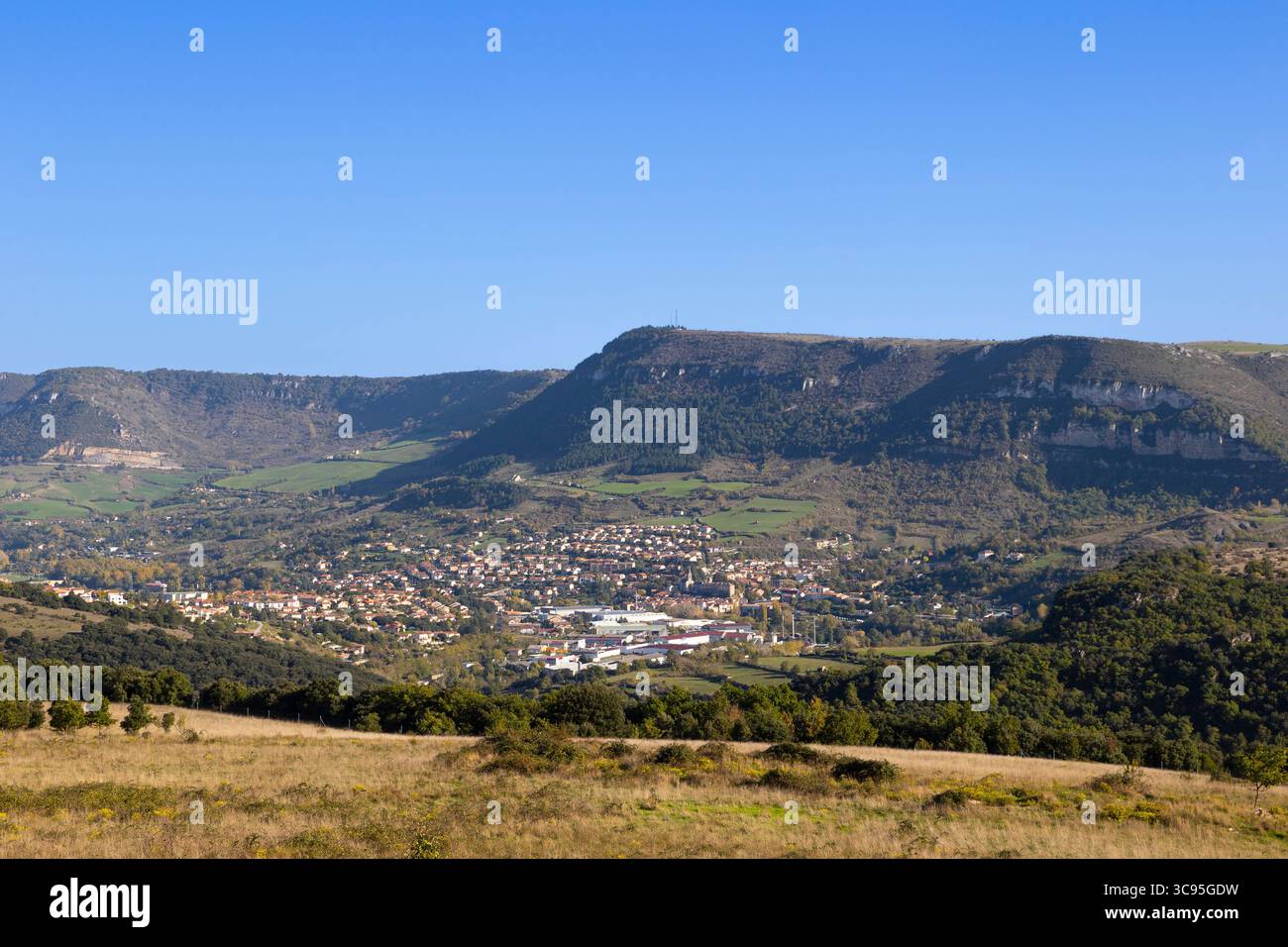 Millau e il fiume Tarn, Aveyron, Occitania, Francia Foto Stock