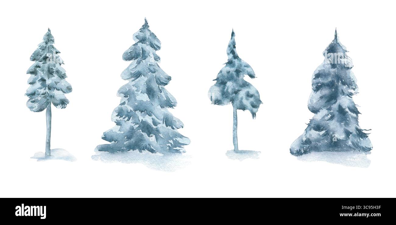 Set di alberi di Natale invernali in un colore blu tenue isolato su bianco. Alberi sempreverdi in nebbia innevata dipinti a mano. Pino, abete rosso nella foresta invernale Foto Stock