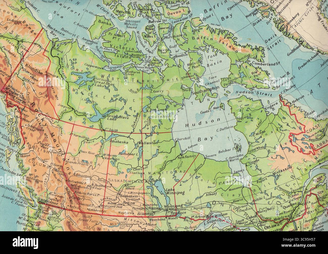 Una mappa fisica vintage del Canada della metà del XX secolo. Foto Stock