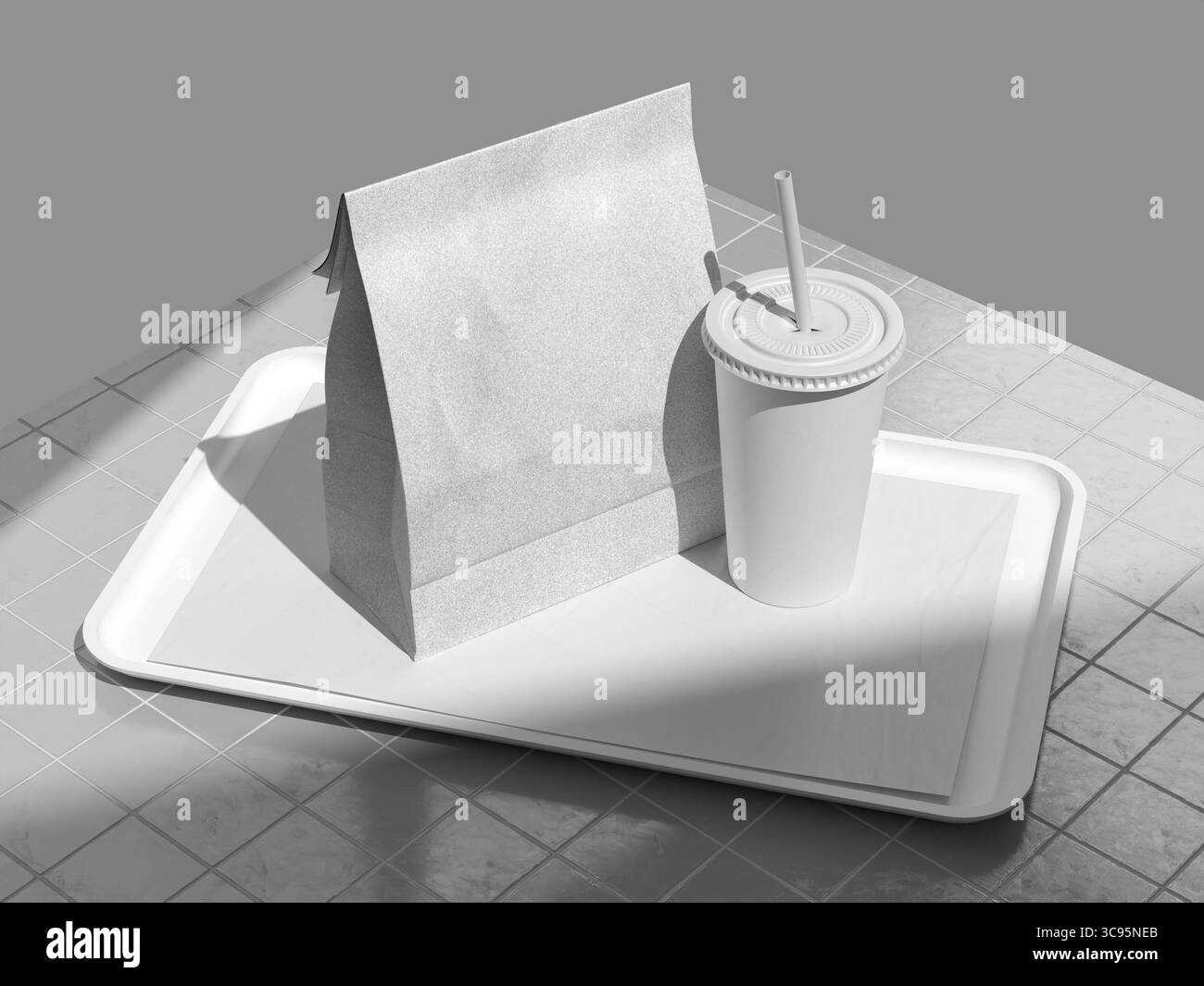 Confezione fast food con sacchetto di carta da asporto e bicchiere di mockup Foto Stock