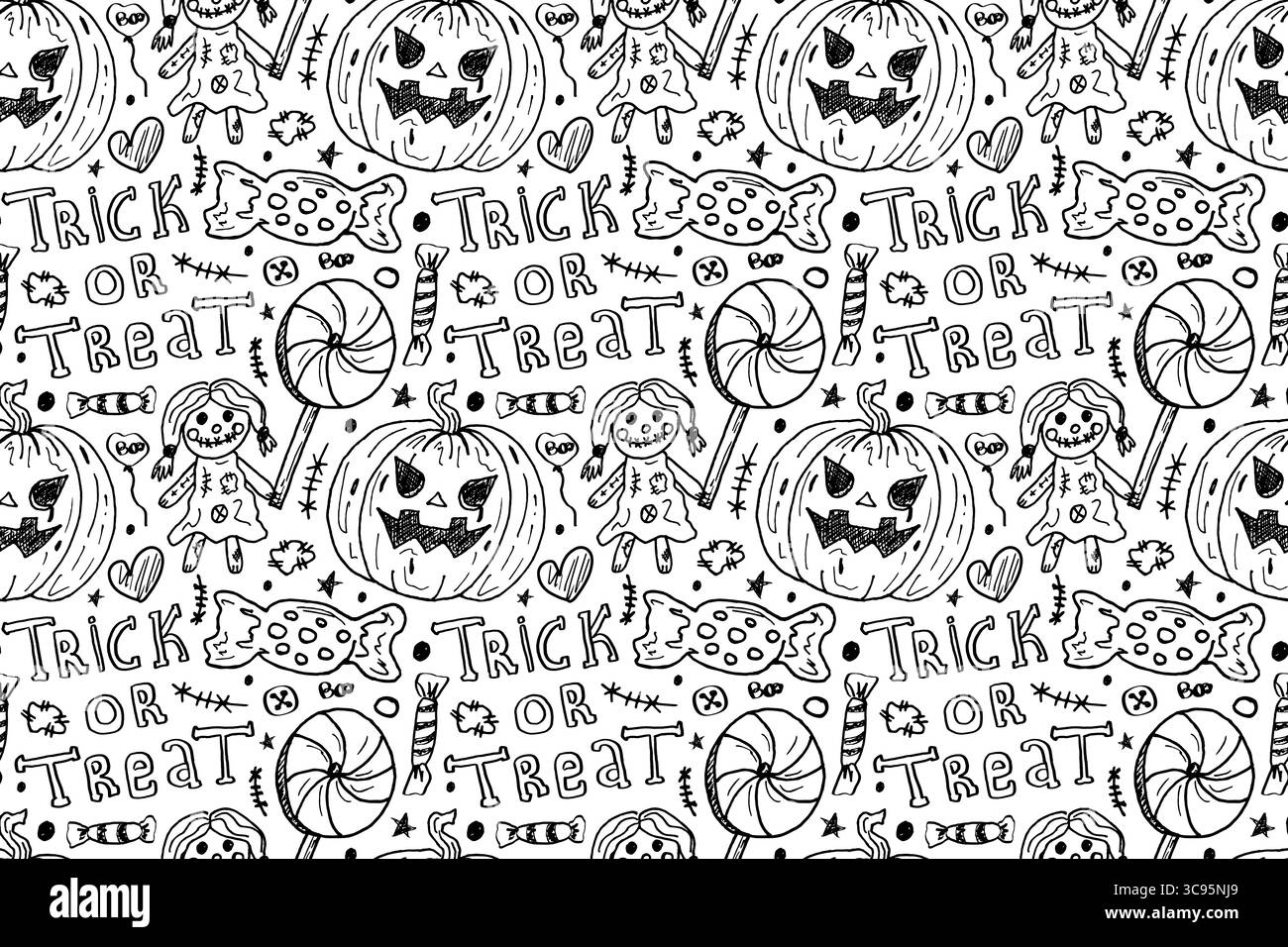 Motivo perfetto con un bambino inquietante, zucche malvagie e caramelle, sfondo per le celebrazioni di Halloween. Il concetto di vacanza è caramelle o vita. Illustrazioni disegnate a mano in stile scarabeo. Illustrazione Vettoriale