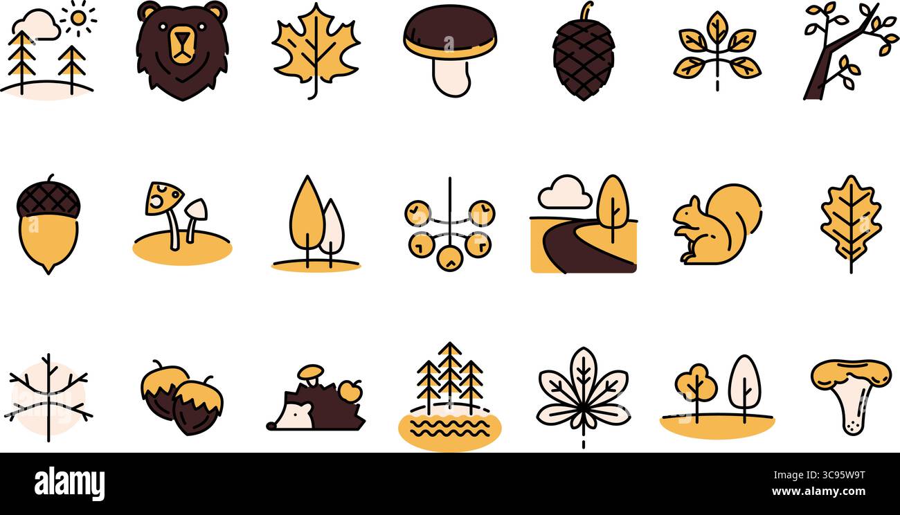 Set di icone linea a tema foresta con vettore traccia modificabile Illustrazione Vettoriale