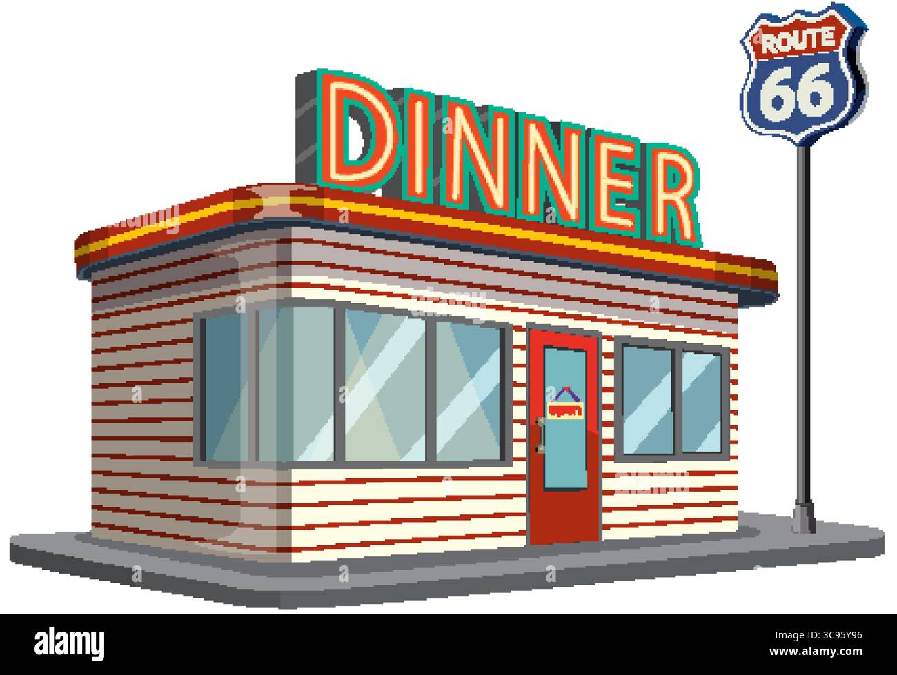 Ristorante americano classico con insegna al neon e emblema della Route 66. Colori vivaci e linee pulite creano un'atmosfera nostalgica Illustrazione Vettoriale