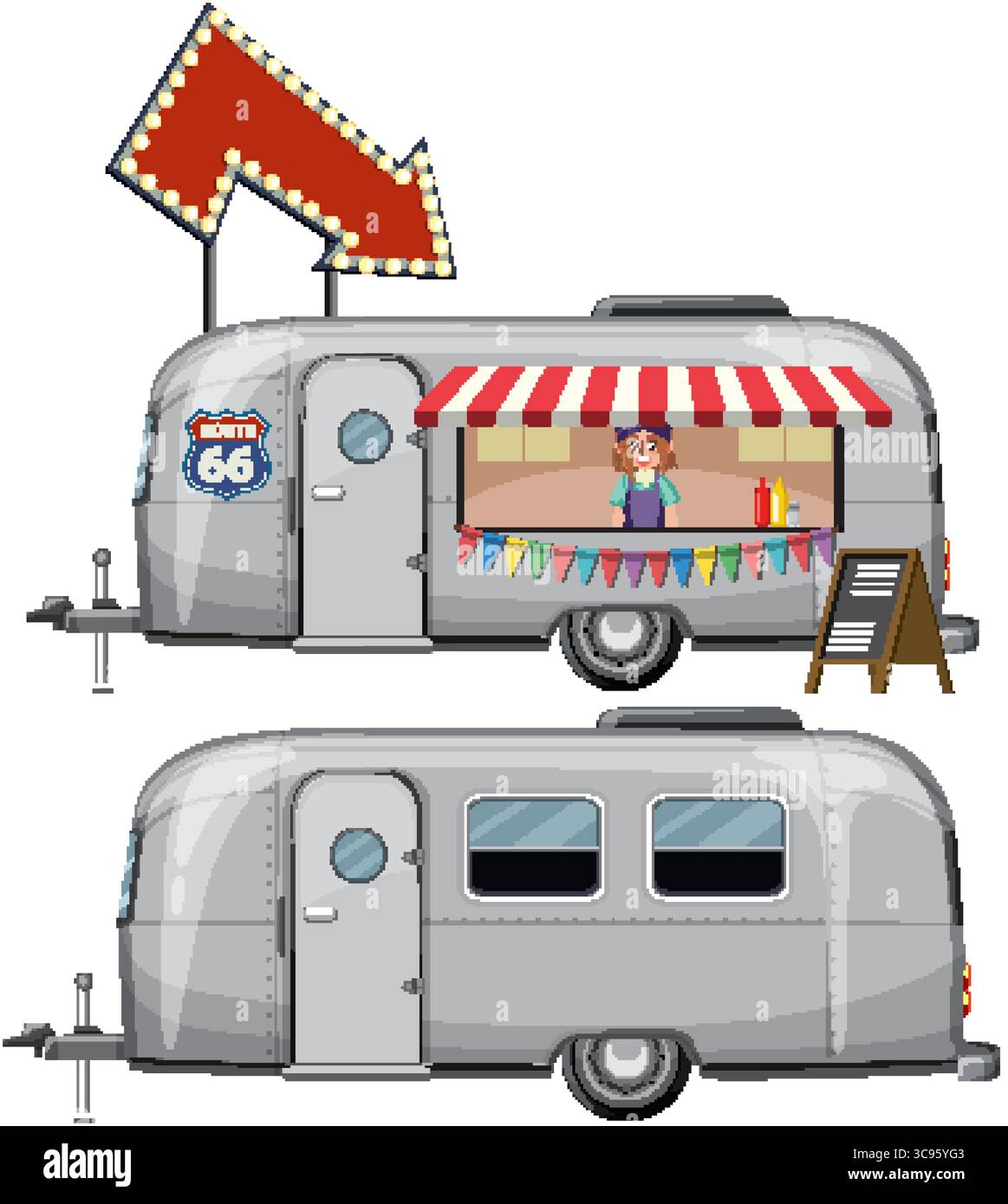 Illustrazione vettoriale di un food truck d'epoca con colori vivaci e cartellonistica retrò, che cattura un'atmosfera nostalgica della Route 66 Illustrazione Vettoriale