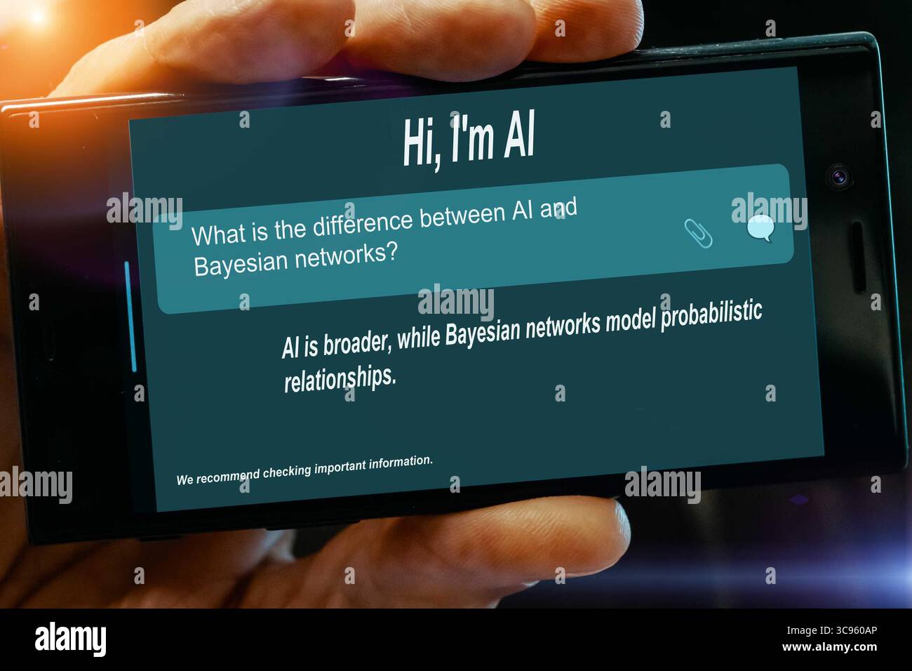 Qual è la differenza tra ai e reti bayesiane? La domanda per l'intelligenza artificiale sullo schermo di un tablet è più ampia, mentre le reti bayesiane modellano la r probabilistica Foto Stock