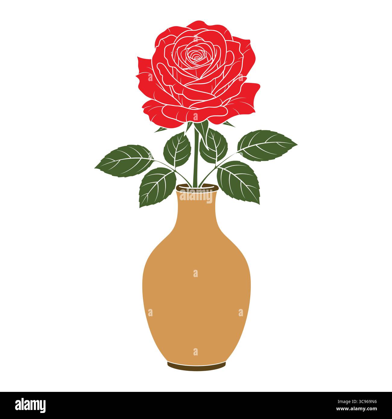 Questa splendida illustrazione presenta una rosa rossa vivace in un semplice vaso. Il design mette in risalto l'eleganza del fiore e le sue lussureggianti foglie verdi. Illustrazione Vettoriale