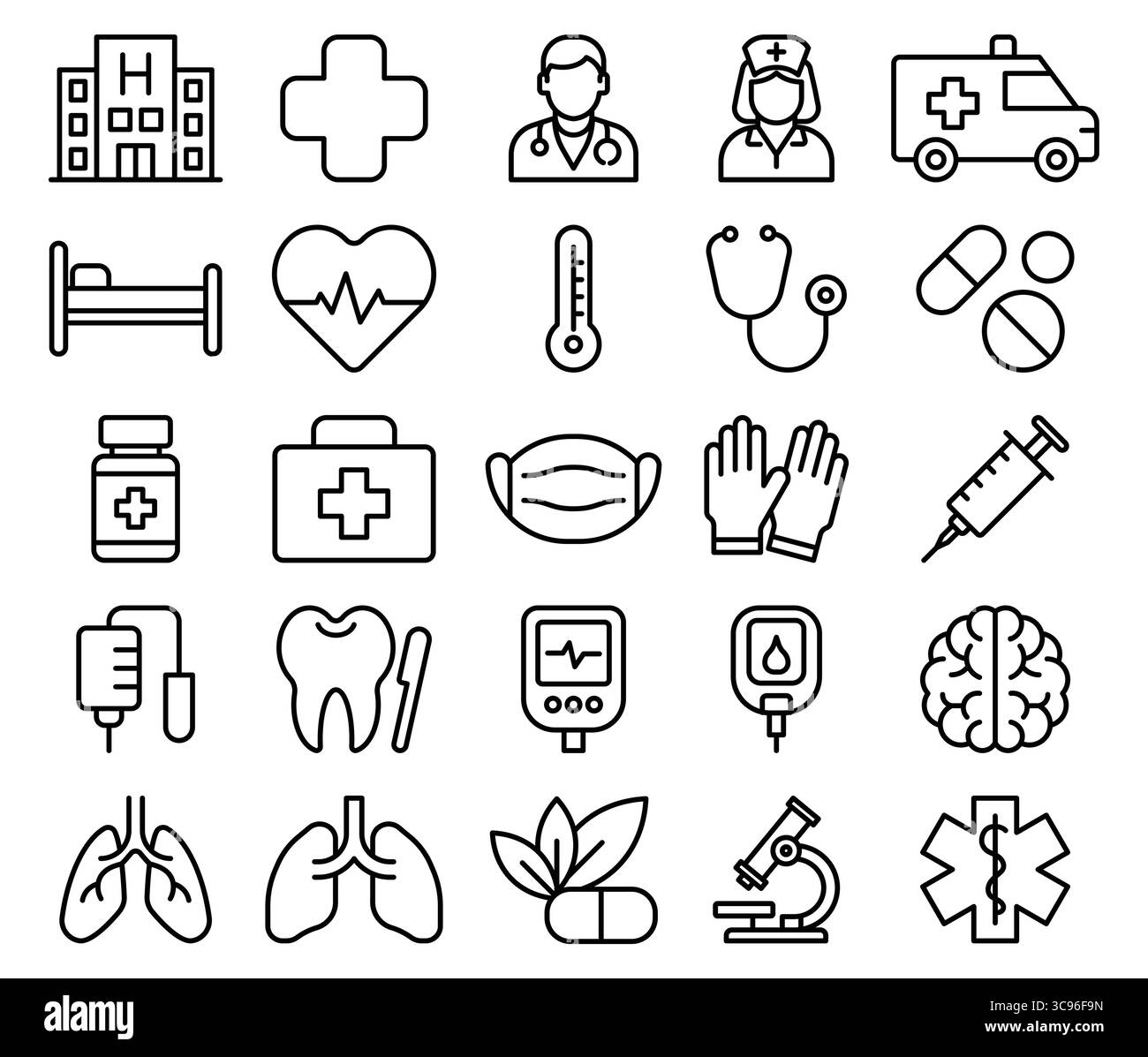 Una raccolta di icone mediche che mostrano i simboli e le apparecchiature essenziali per l'assistenza sanitaria. Ideale per progetti, presentazioni e didattici legati alla salute Illustrazione Vettoriale