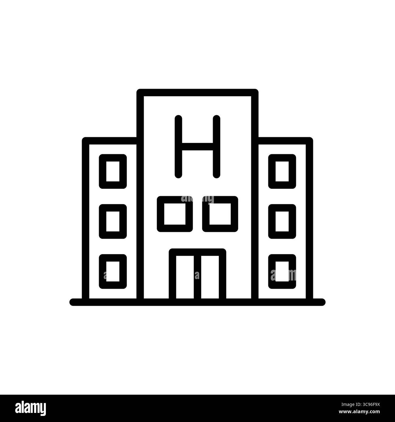 Questa illustrazione minimalista in bianco e nero presenta un moderno design di un edificio per uffici, che mette in risalto linee pulite e un'estetica strutturata perfetta Illustrazione Vettoriale