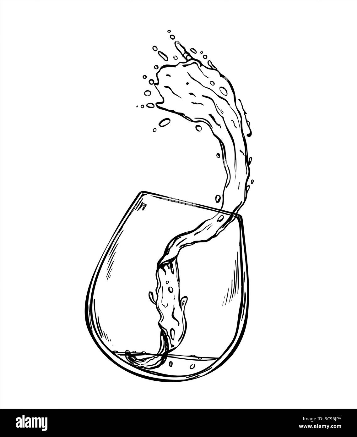 Bevi spruzzi con gocce dalla figura vettoriale dinamica in vetro. Onda di bevanda astratta fluente con bolle, linea art monocromatica. Acqua in movimento Illustrazione Vettoriale