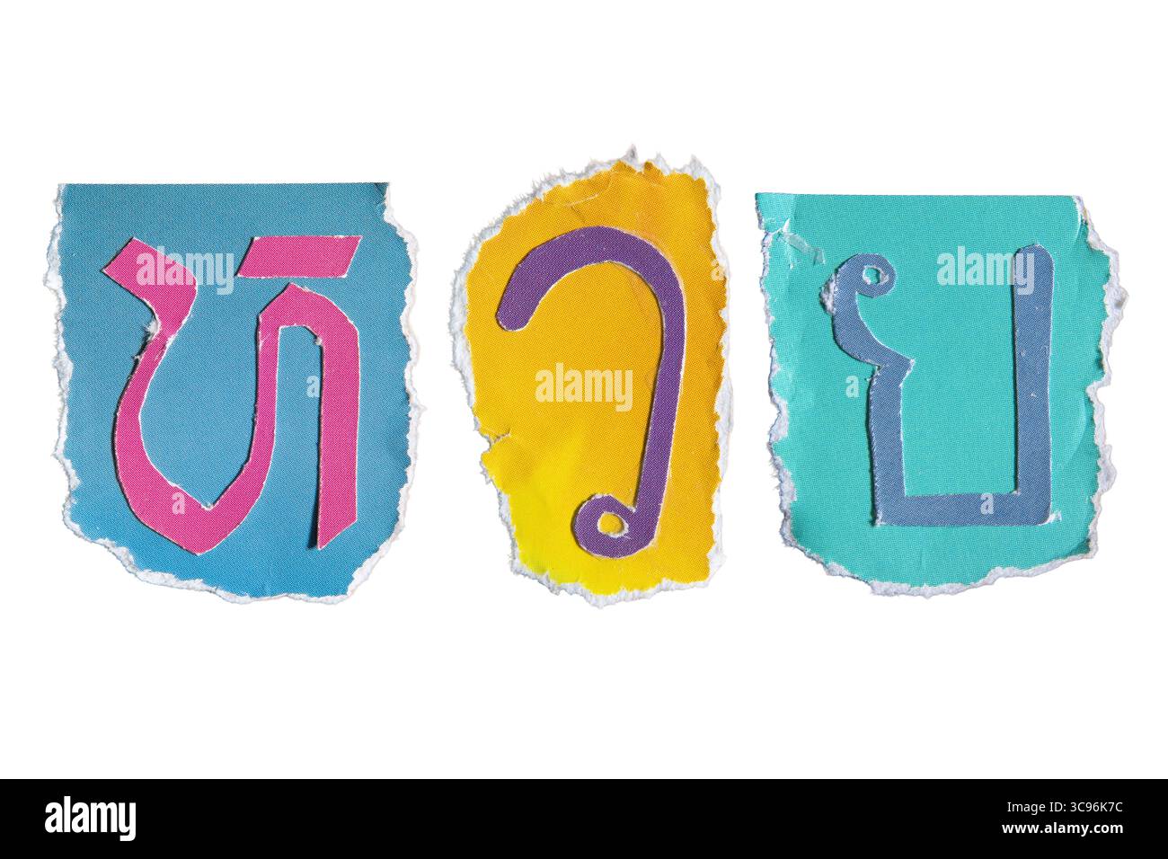 "Huai" è una parola thailandese che significa lotteria. Lettera in stile riscatto creata da carta da rivista colorata strappata isolata su sfondo bianco Foto Stock