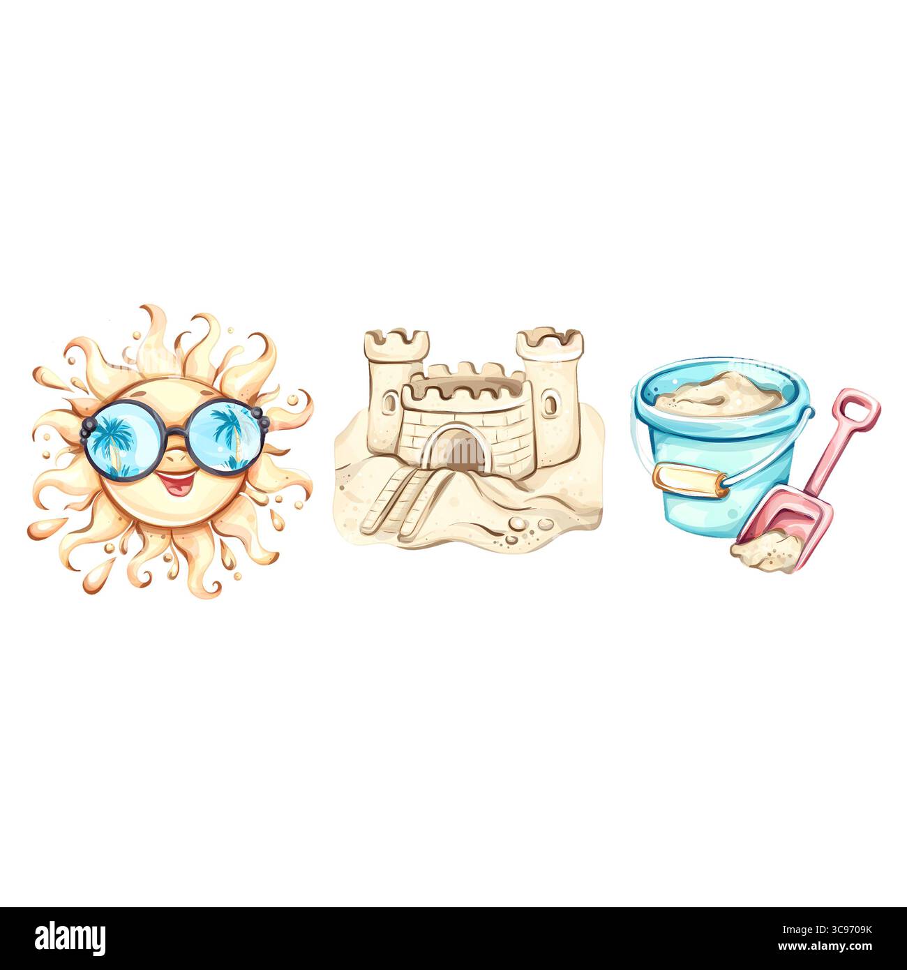 Godetevi giornate di sole sulla spiaggia piene di risate, costruendo castelli di sabbia e creando ricordi estivi gioiosi con amici e familiari sotto il sole caldo Foto Stock