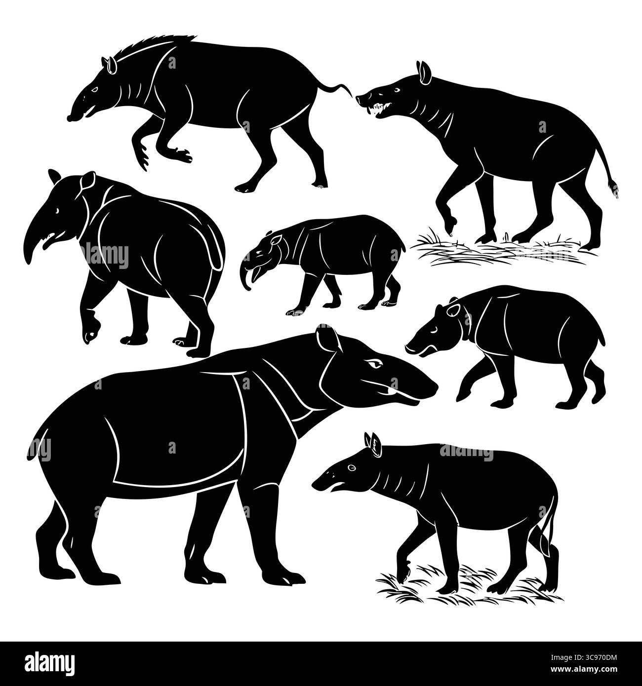 Illustrazioni di silhouette di tapiri Archaeotherium in varie pose e posizioni uniche Illustrazione Vettoriale