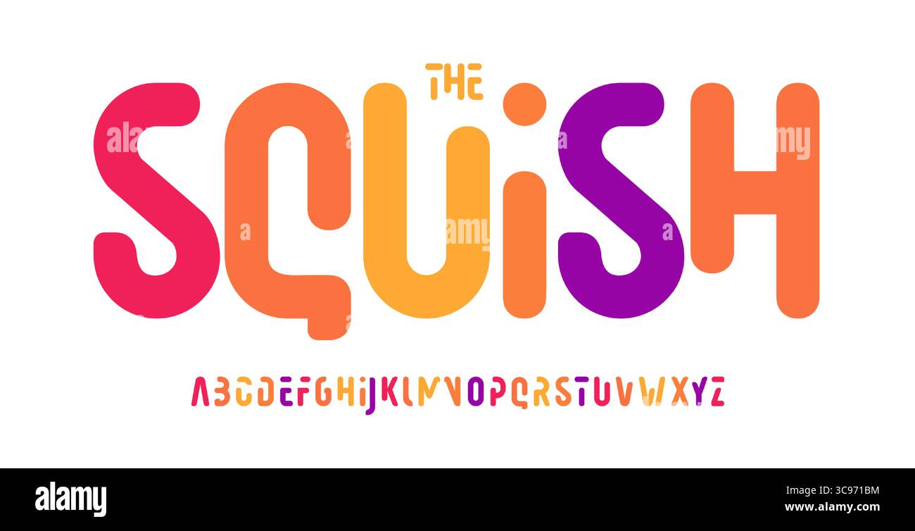 Alfabeto colorato divertente, carattere futuristico e arrotondato, carattere geometrico cartoni animati colorato per titoli di gioco per bambini, design tipografico squisito Illustrazione Vettoriale