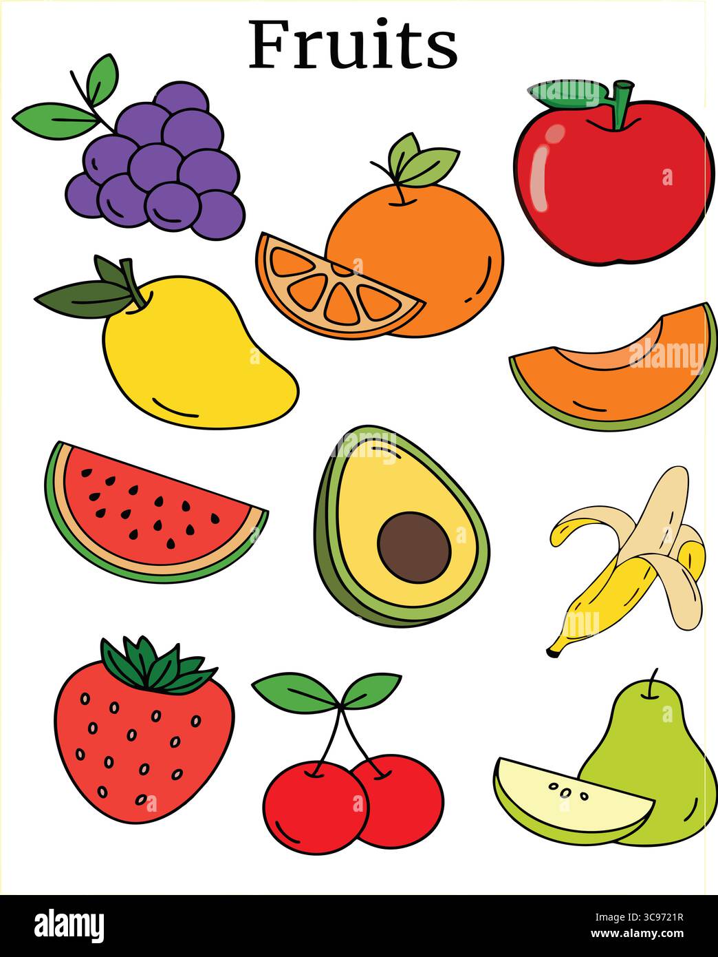 "Collezione di frutta colorata di cartoni animati - illustrazioni di frutta disegnate a mano per bambini e istruzione" Illustrazione Vettoriale